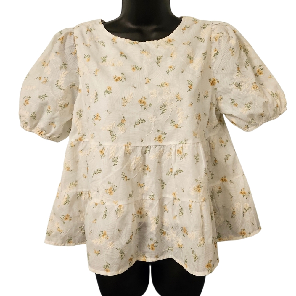 ​ROOLEE Floral Tiered Babydoll Puff Sleeve Top - 100% Cotton - Size Medium